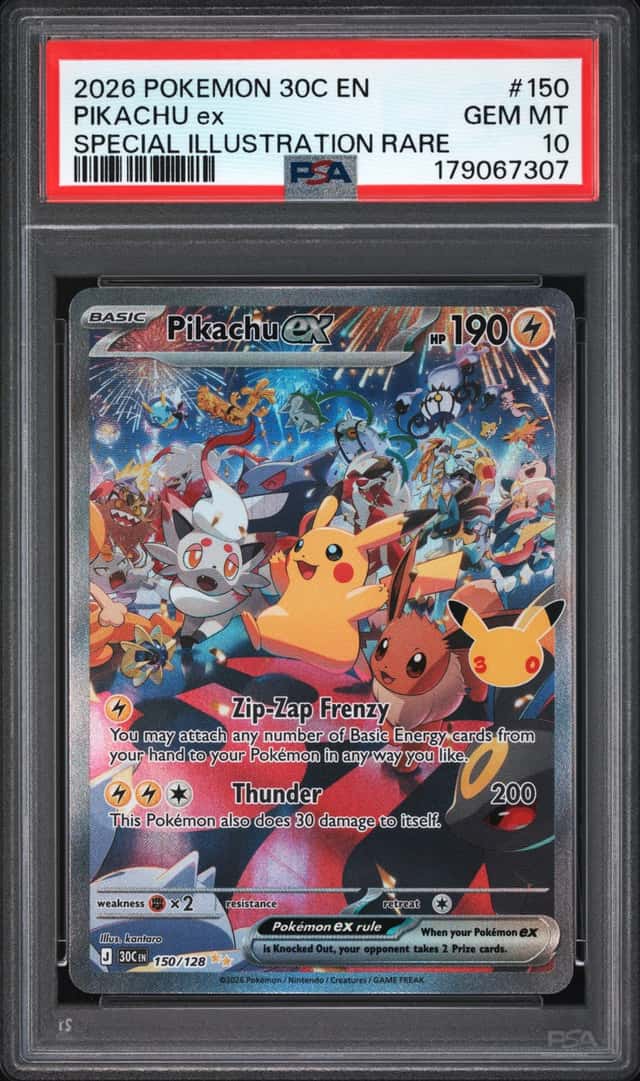 2026 Pokemon 30th Celebration Pikachu ex 150/128 SIR PSA 10 Gem Mint