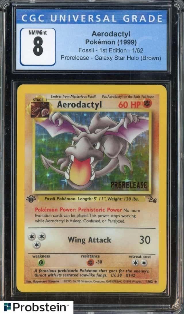 1999Pokemon Fossil 1st Ed #1 Aerodactyl Prerelease Galaxy Star Holo Brown CGC 8