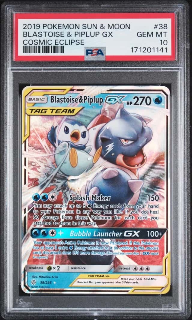 2019 POKEMON SUN & MOON COSMIC ECLIPSE #38 BLASTOISE & PIPLUP GX PSA 10