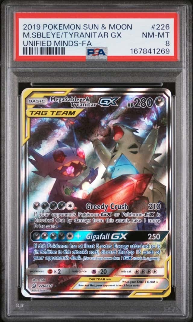 2019 POKEMON SUN & MOON UNIFIED MINDS FULL ART/MEGA SABLEYE & TYRANITAR GX PSA 8