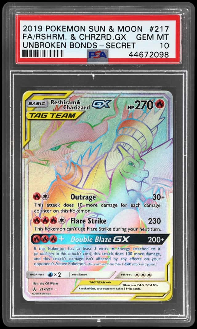 2019 Pokemon Sun and Moon Unbroken Bonds Secret Rare Charizard Gx/Reshiram #217