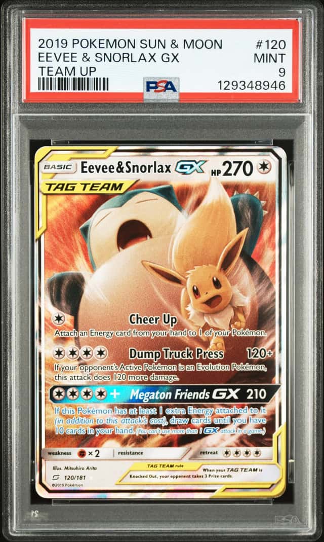 2019 Pokemon Sun & Moon Team Up 120/181 Eevee & Snorlax GX PSA 9