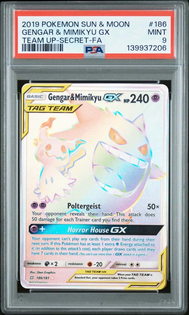 2019 POKEMON TEAM UP SECRET #186 GENGAR & MIMIKYU GX PSA 9 (CLEAN!! Regrade?)