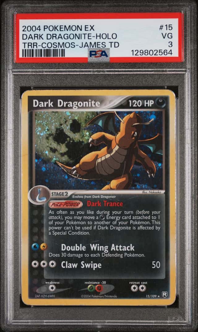 2004 Pokemon EX Team Rocket Return Cosmos Dark Dragonite Holo w/ Swirl PSA 3