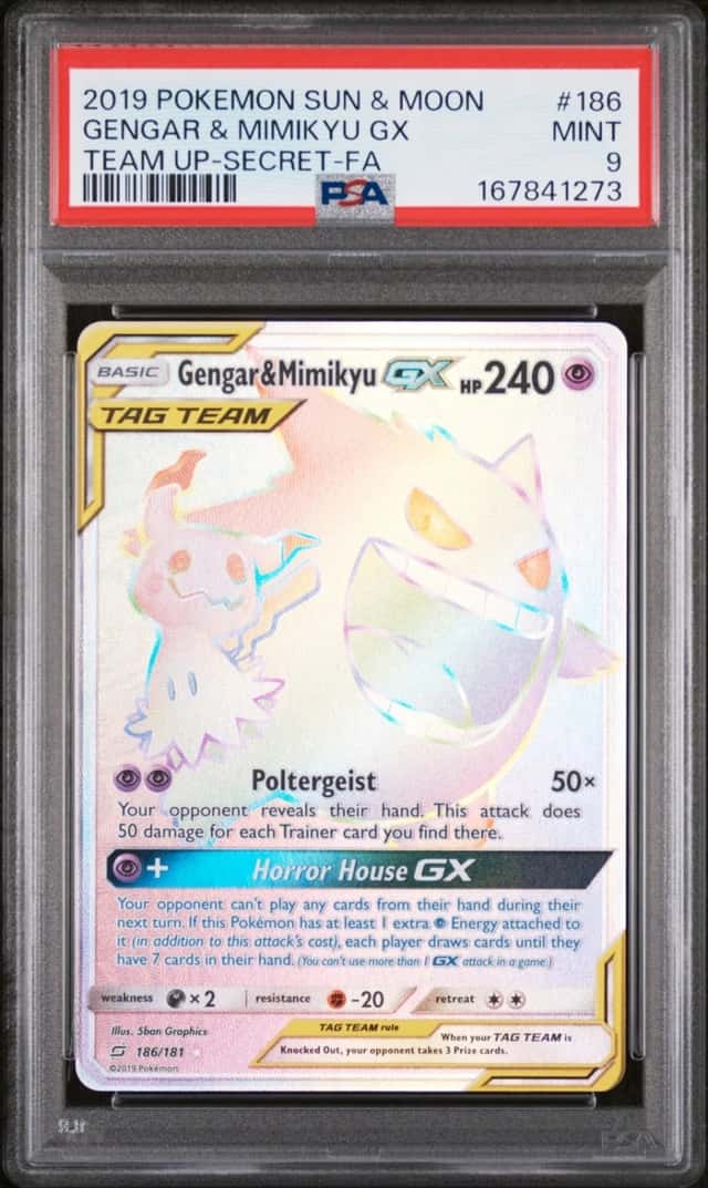 2019 POKEMON SUN & MOON TEAM UP SECRET #186 FULL ART/GENGAR & MIMIKYU GX PSA 9
