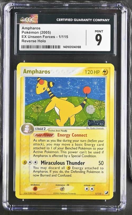 2005 Pokemon EX Unseen Forces Stamp Reverse Holo 1/115 Ampharos Foil CGC 9