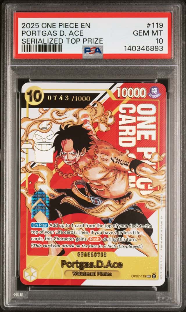 ONE PIECE PORTGAS D. ACE 2025 PROMOS #119 SERIALIZED TOP PRIZE PSA 10 