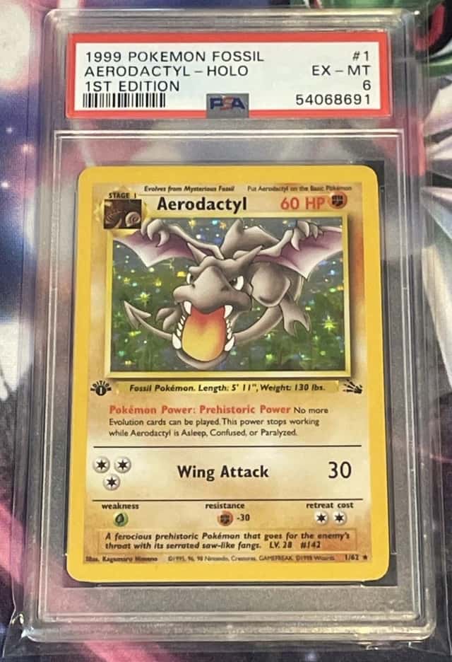 1999 POKEMON FOSSIL #1 AERODACTYL HOLO 1ST EDITION PSA 6 EX-MT