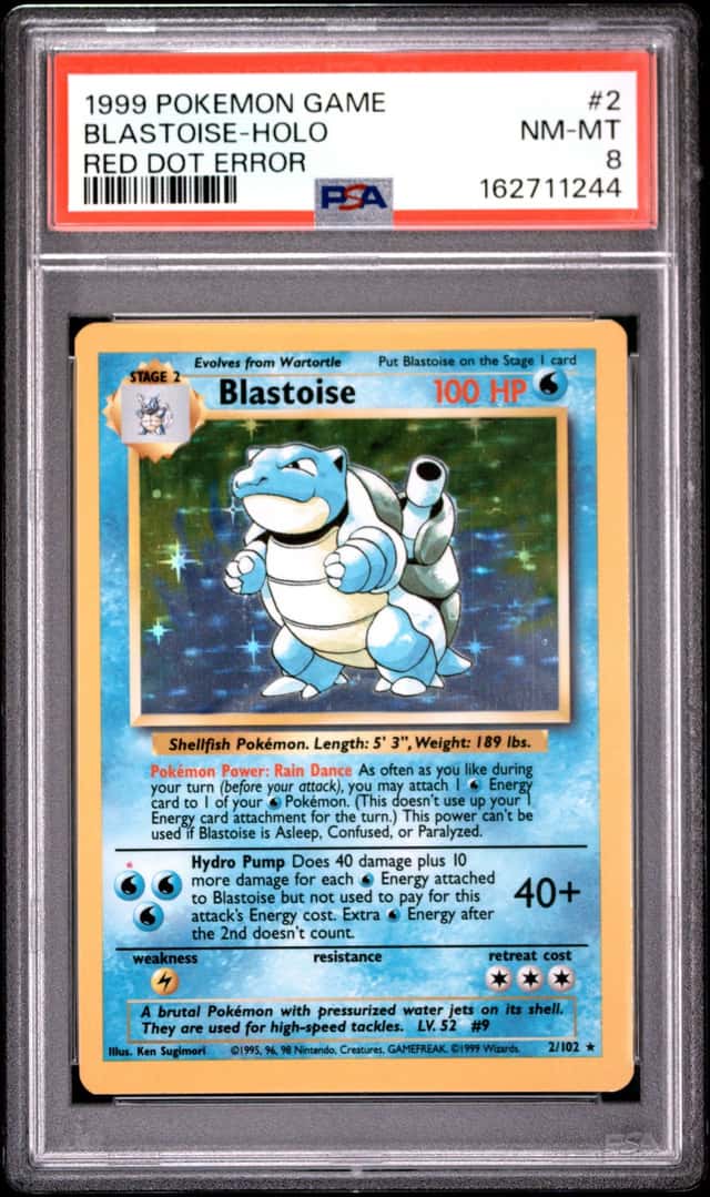 Pokemon Cards PSA 8 NM-MT Blastoise Red Dot ERROR Base Set Holo WotC 1999 2/102