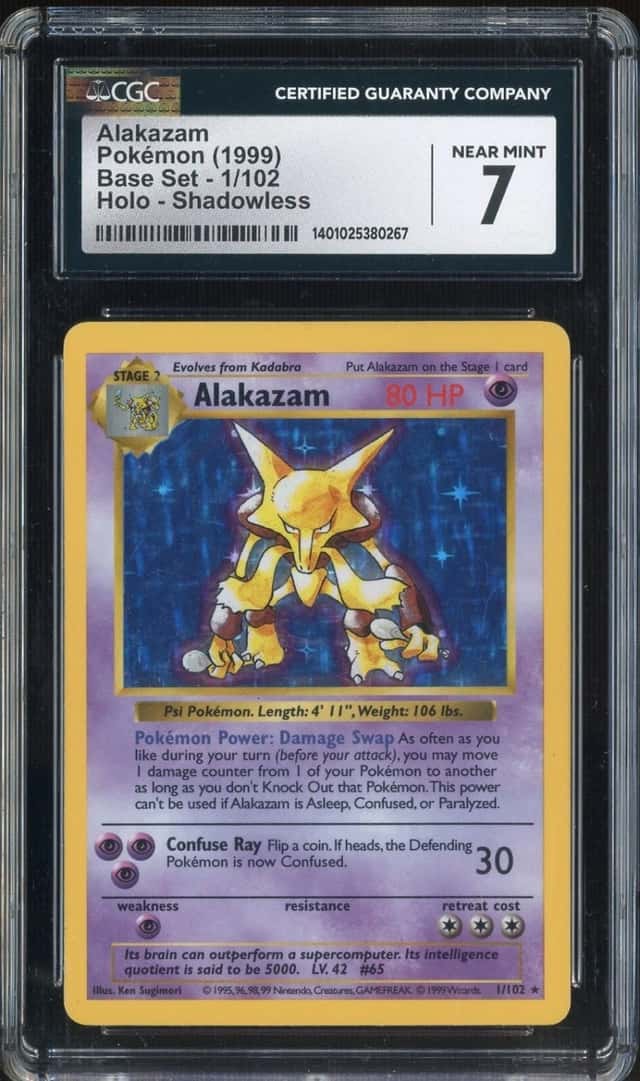1999 Pokemon Base Set Shadowless #1/102 Alakazam Holo CGC 7 NM