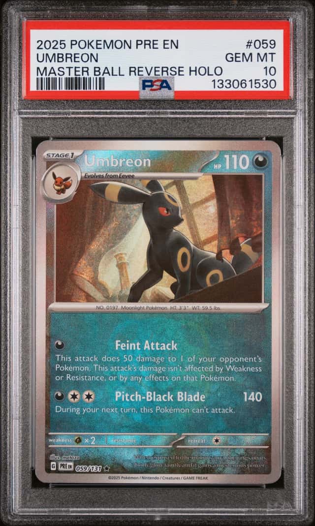 2025 Pokemon Umbreon 059/131 Prismatic Evolutions Master Ball Rev Holo PSA 10