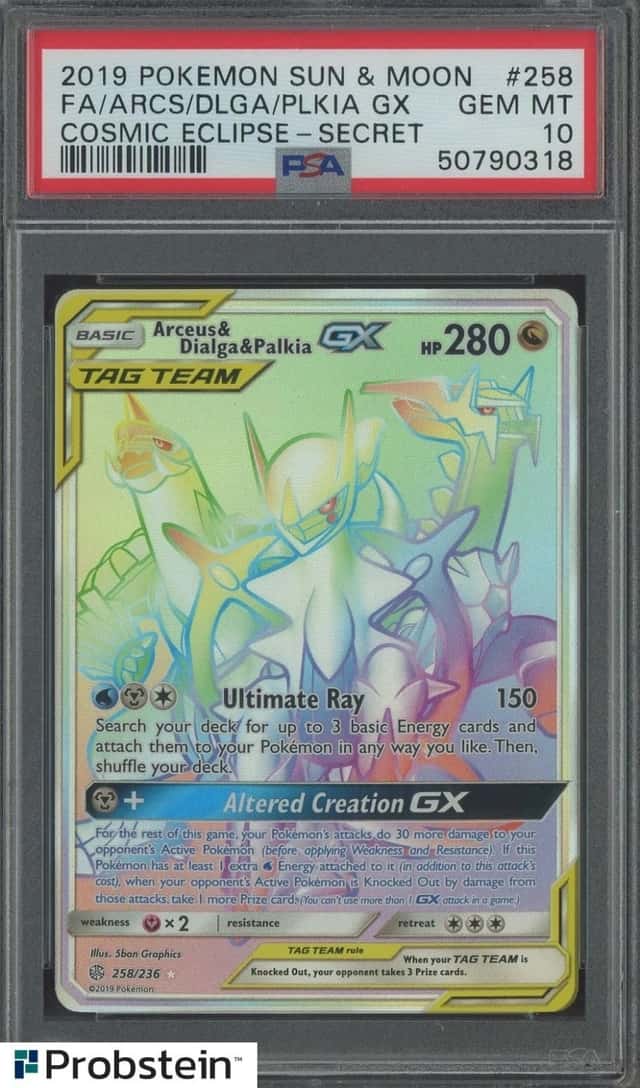 2019 Pokemon Sun & Moon Cosmic Eclipse #258 FA Arceus Dialga & Palkia GX PSA 10