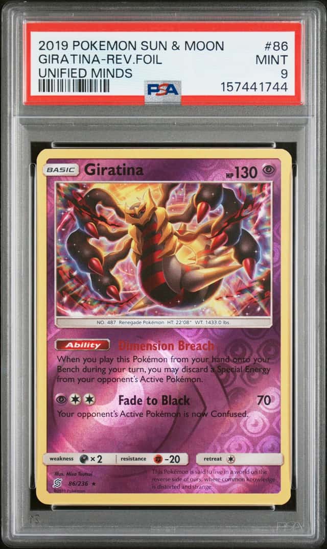 GIRATINA PSA 9 POKEMON 2019 SUN & MOON REV-FOIL UNIFIED MINDS 86/236 📈
