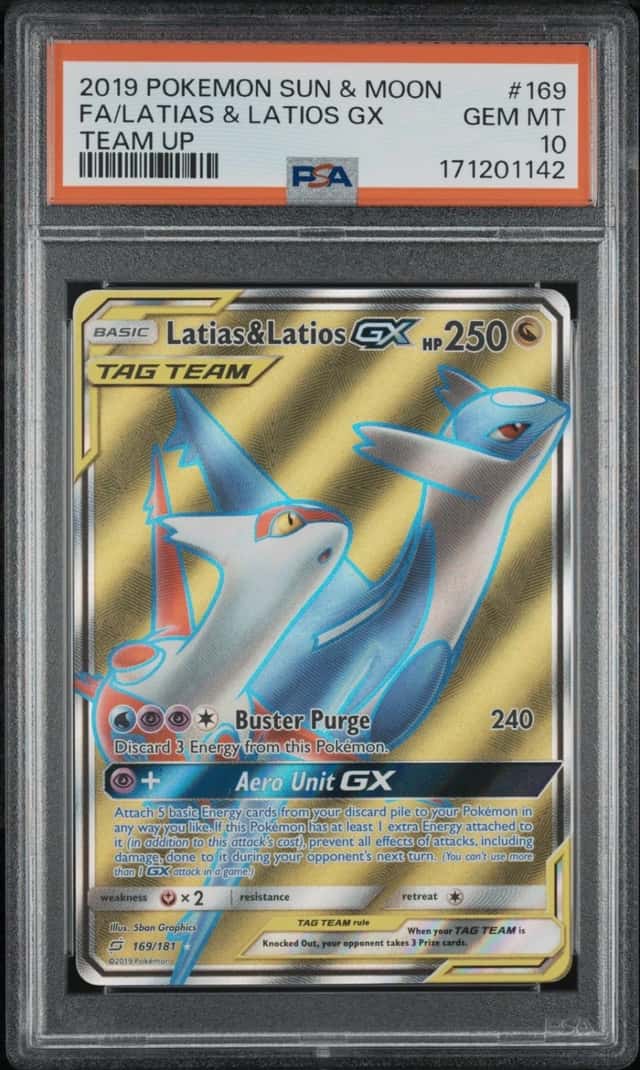 2019 POKEMON SUN & MOON TEAM UP #169 FULL ART/LATIAS & LATIOS GX PSA 10