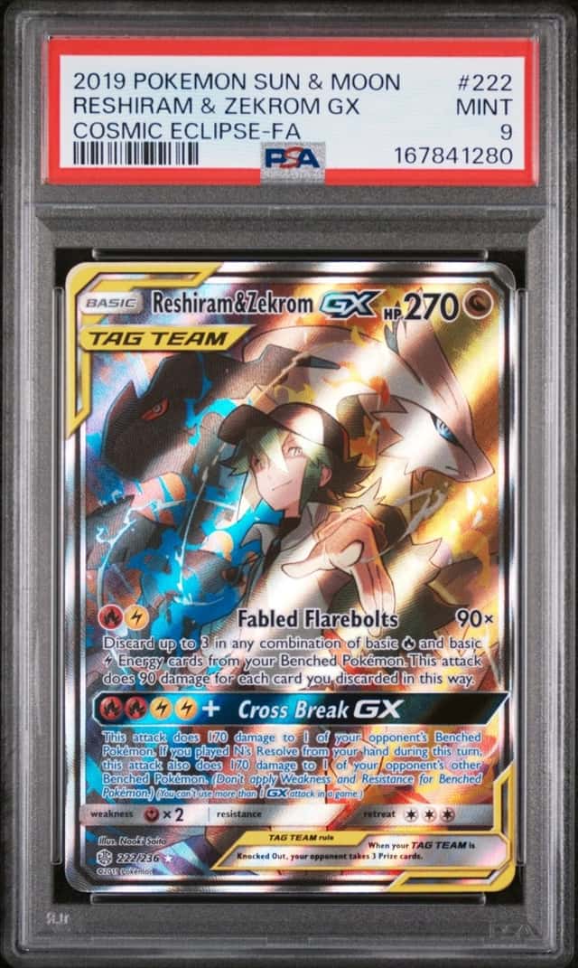 2019 POKEMON SUN & MOON COSMIC ECLIPSE #222 FULL ART/RESHIRAM & ZEKROM GX PSA 9