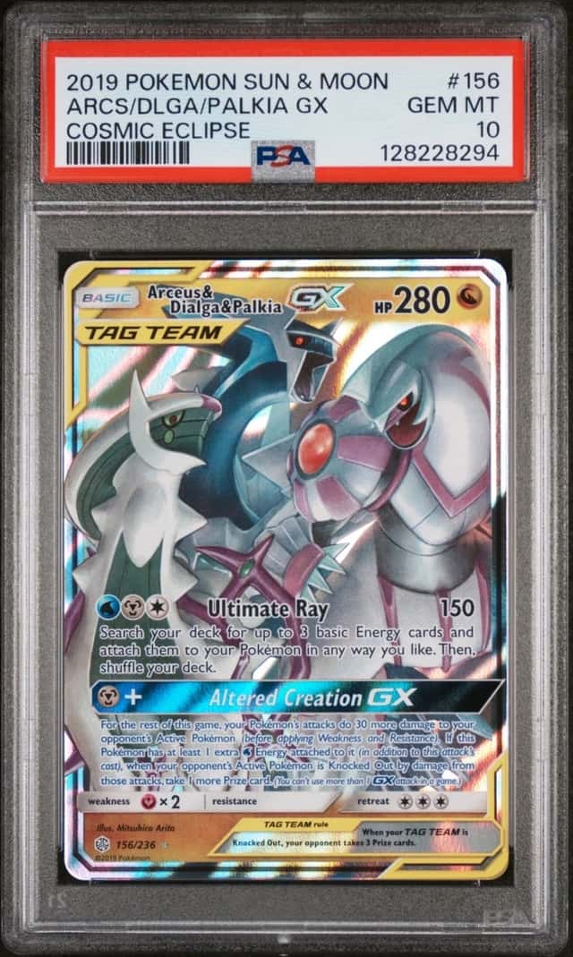 Arceus Dialga Palkia Tag Team 2019 Pokemon Sun & Moon Cosmic Eclipse PSA 10 GF