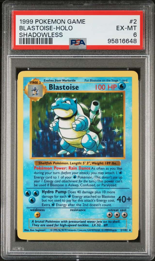 PSA 6 Blastoise Pokemon Base Set Shadowless Holo 2/102 1999 PSA 6