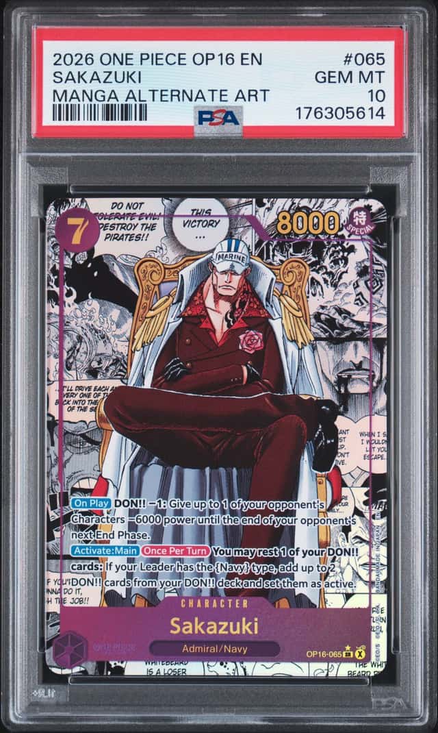 2026 ONE PIECE OP16-THE TIME OF BATTLE MANGA ALTERNATE ART #065 SAKAZUKI PSA 10