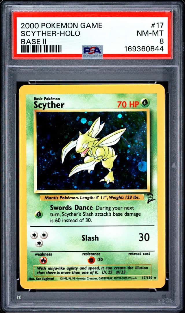 Pokemon 2000 Scyther 17/130 Holo Rare Base Set 2 PSA 8