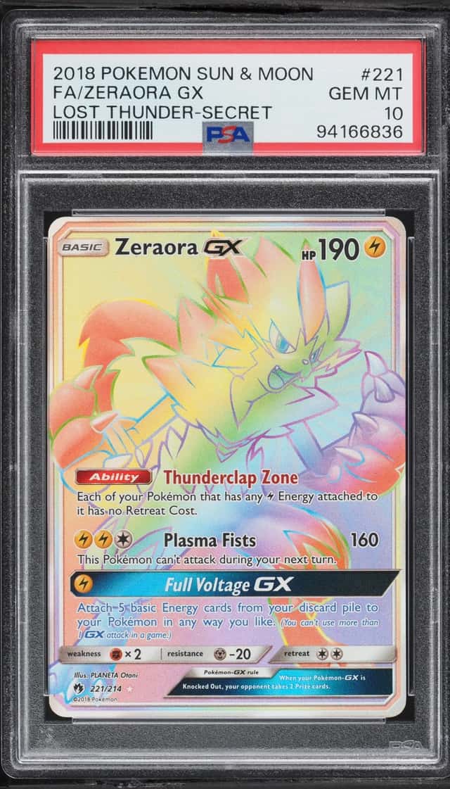 2018 Pokemon Sun & Moon Lost Thunder Rainbow Rare Zeraora GX #221 PSA 10 GEM MINT