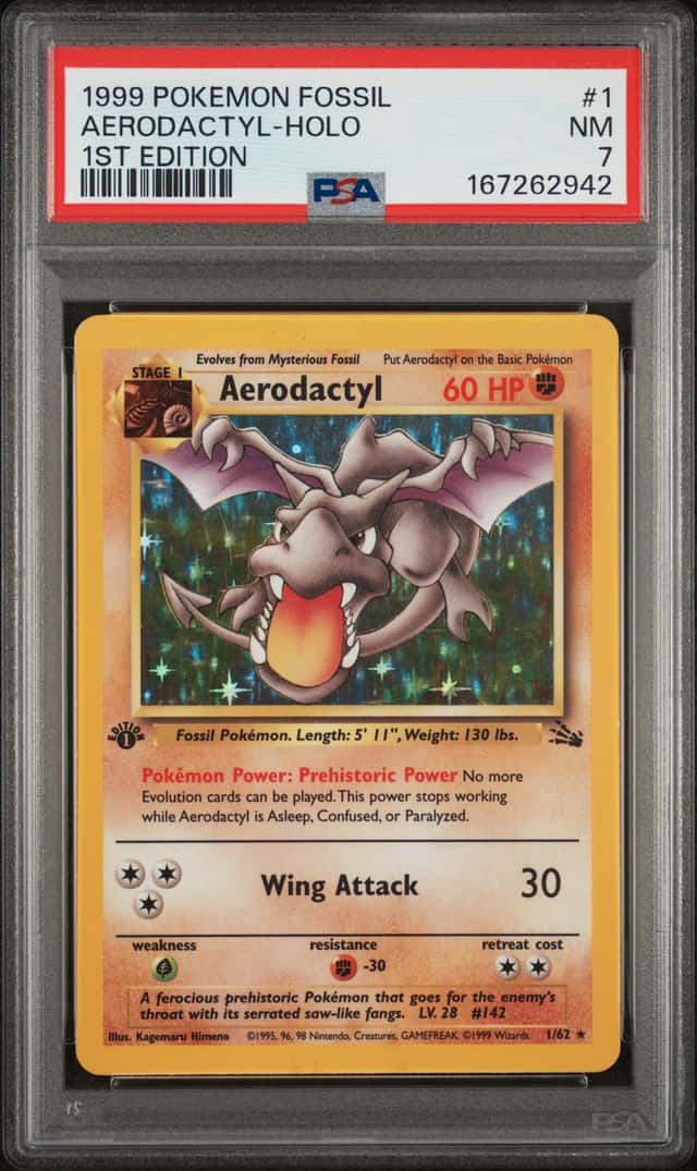 1999 POKEMON FOSSIL 1 AERODACTYL-HOLO 1ST EDITION - PSA 7 