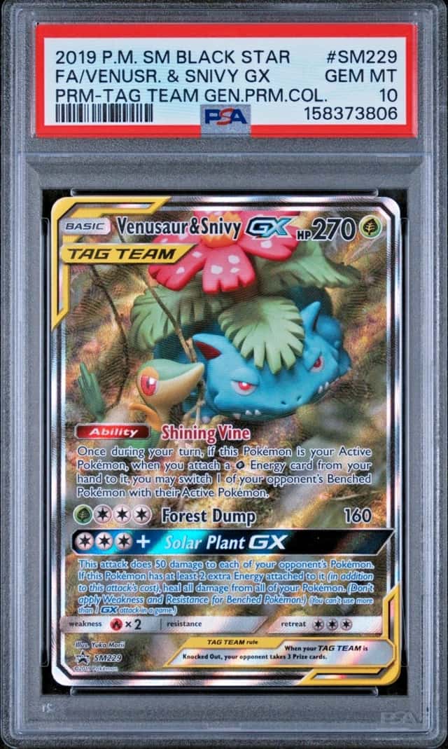 2019 POKEMON FA/VENUSR. & SNIVY GX PRM-TAG TEAM GEN.PRM.COL SM BSP #SM229 PSA 10