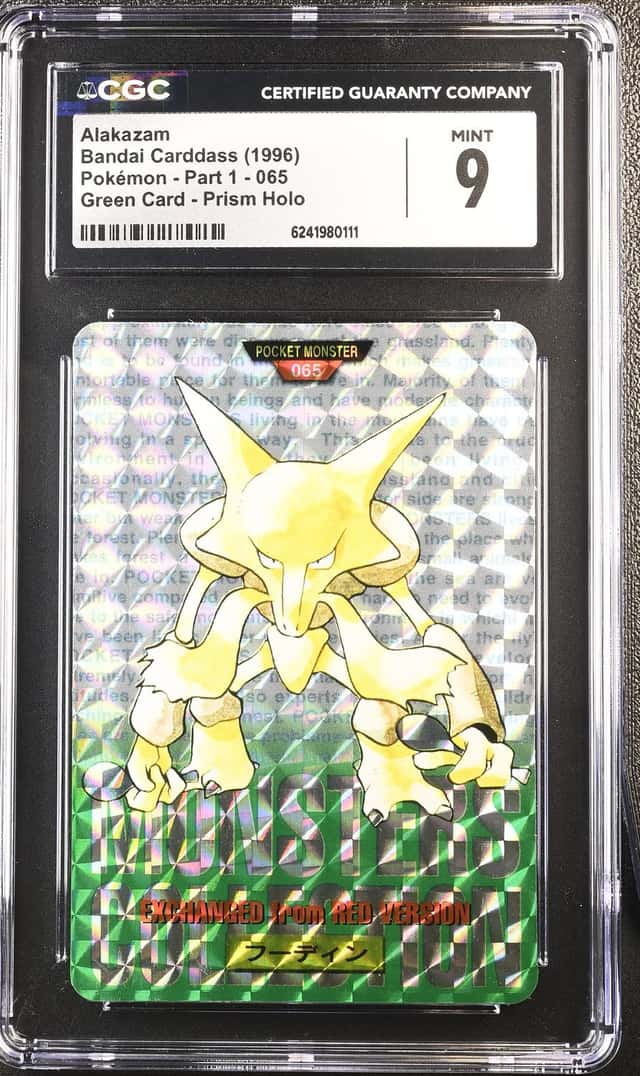 1996 Pokemon Bandai Carddass Alakazam Green Card Prism Holo #065 CGC 9 MINT