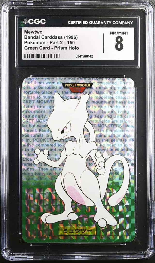 1996 Pokemon Bandai Carddass Mewtwo Green Card Prism Holo #150 CGC 8