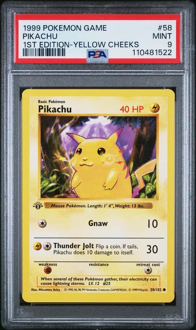 1999 POKEMON BASE SET SHADOWLESS PIKACHU 1ST EDITION-YELLOW CHEEKS #58 PSA 9