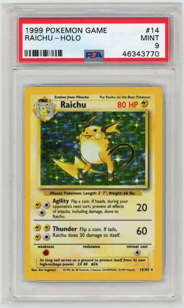 1999 POKEMON BASE SET #14 RAICHU-HOLO PSA 9