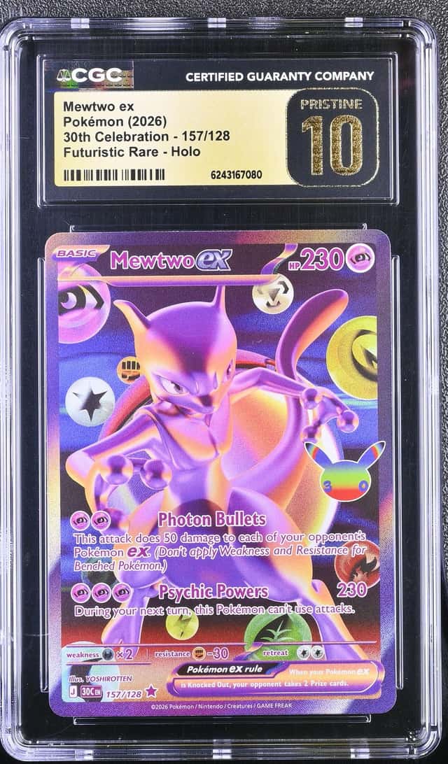 MEWTWO EX 2026 POKEMON 30TH 157/128 FUTURISTIC RARE HOLO PRISTINE CGC 10 Q7128