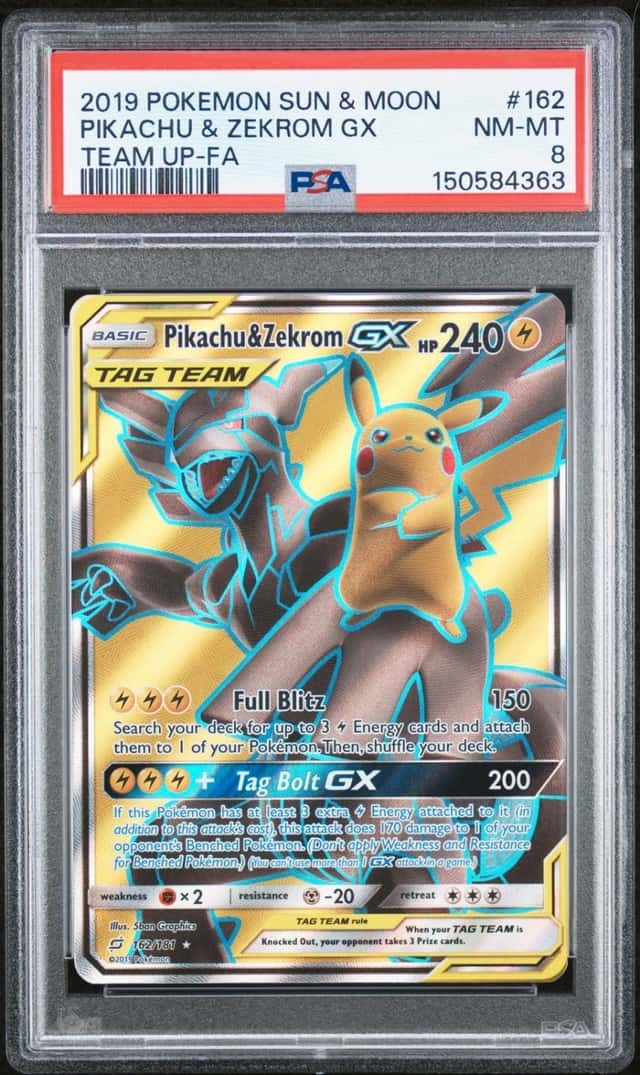 2019 POKEMON SUN & MOON TEAM UP #162 FULL ART/PIKACHU & ZEKROM GX PSA 8