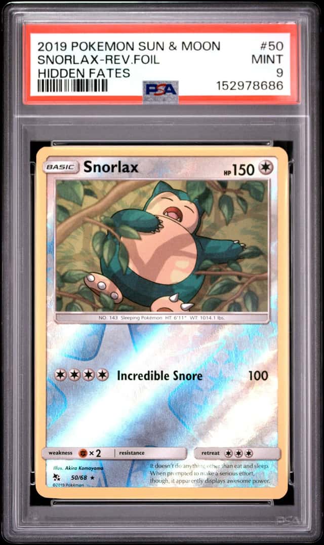 2019 POKEMON SUN & MOON HIDDEN FATES #50 SNORLAX-REVERSE FOIL PSA 9