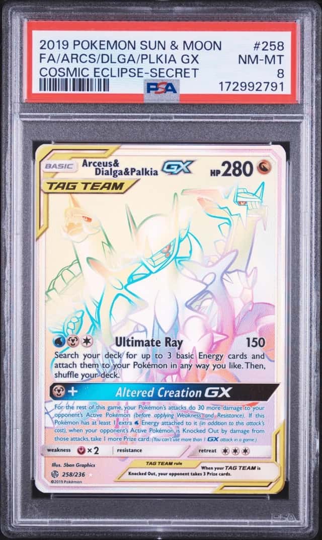 2019 POKEMON SUN & MOON COSMIC ECLIPSE FA/ARCEUS & DIALGA & PALKIA GX PSA 8