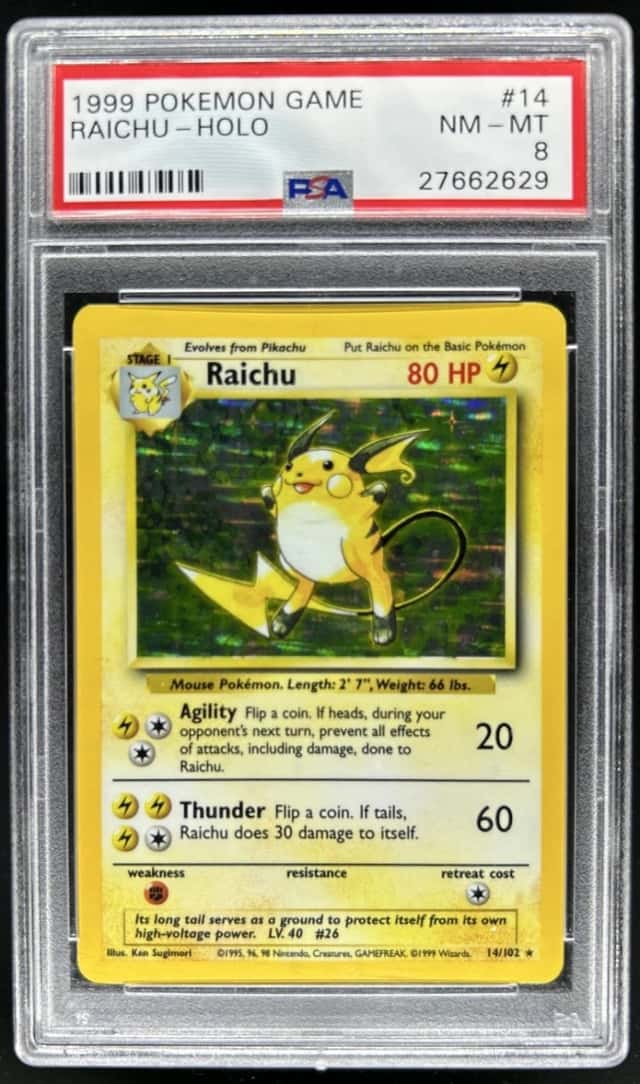 1999 Pokemon Unlimited Raichu Rare Holo #14/102 PSA 8
