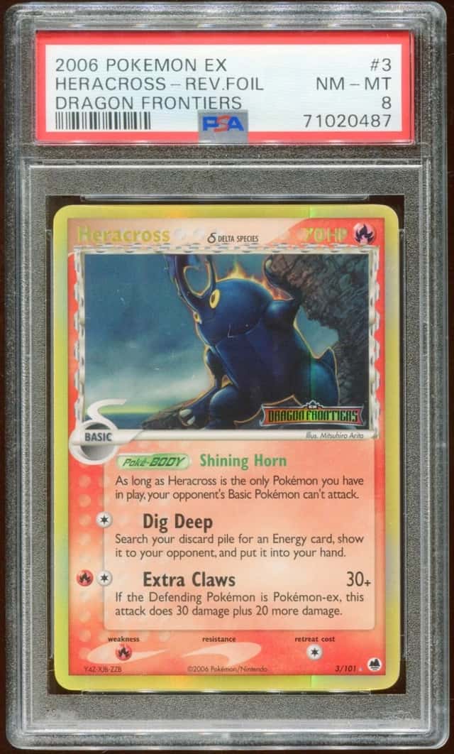 2006 POKEMON EX DRAGON FRONTIERS HERACROSS 3/101 REVERSE STAMPED HOL PSA 8 A E10