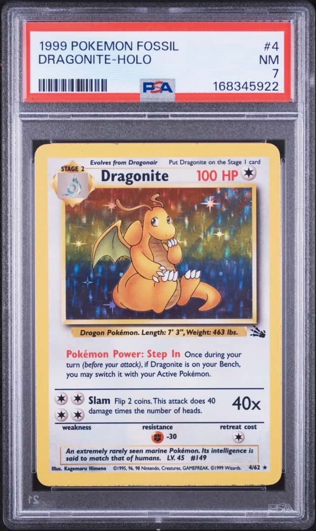 1999 POKEMON FOSSIL #4 DRAGONITE-HOLO PSA 7