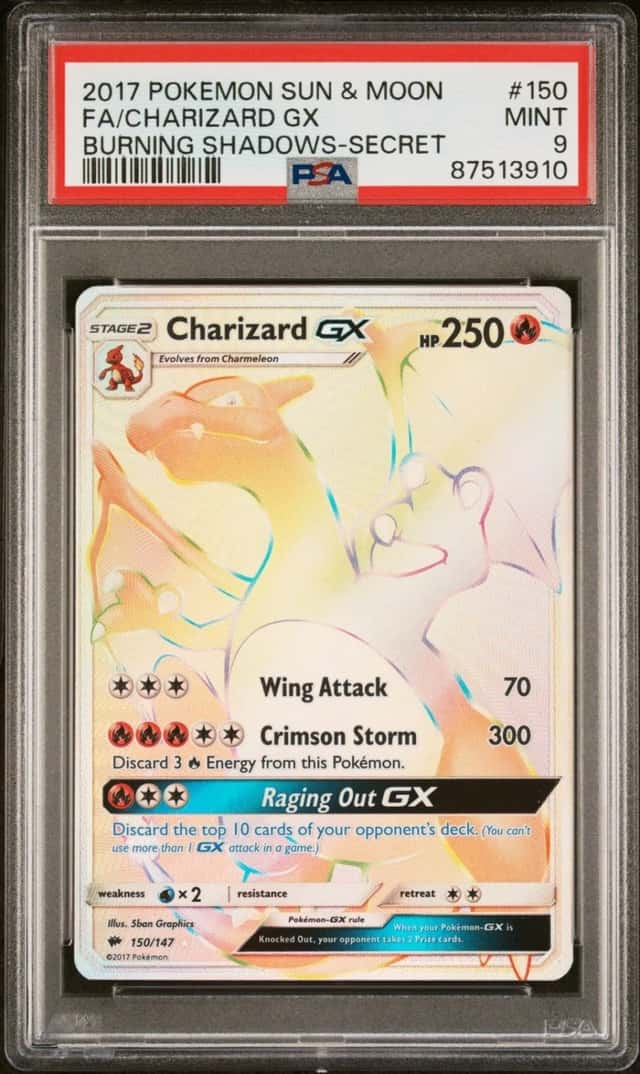 2017 POKEMON FA/CHARIZARD GX BURNING SHADOWS-SECRET SUN & MOON #150 PSA 9