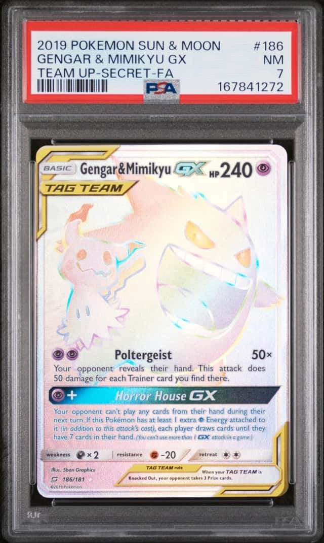 2019 POKEMON SUN & MOON TEAM UP SECRET #186 FULL ART/GENGAR & MIMIKYU GX PSA 7