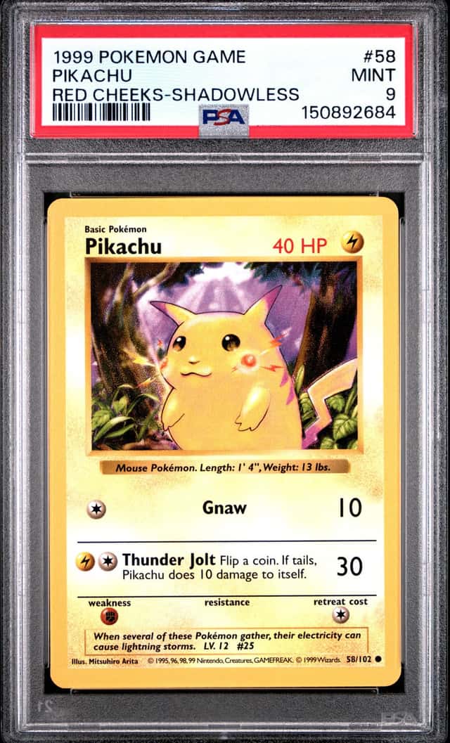 1999 Pokemon Game: # 58 Pikachu Red Cheeks -Shadowless PSA 9 MINT