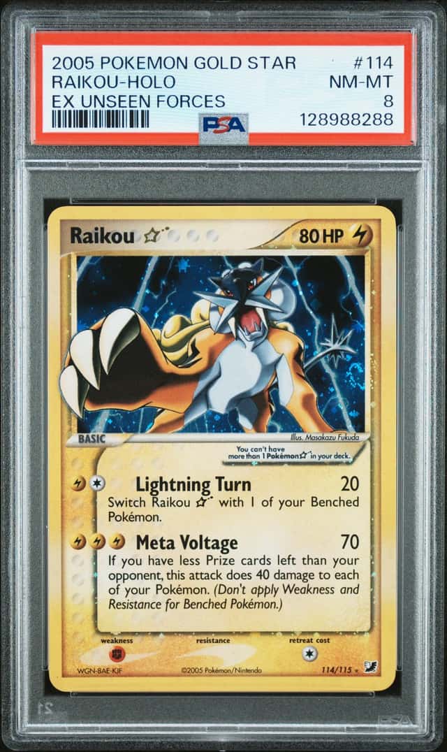 Pokemon Raikou Holo Unseen Forces 114/115 Gold Star PSA 8