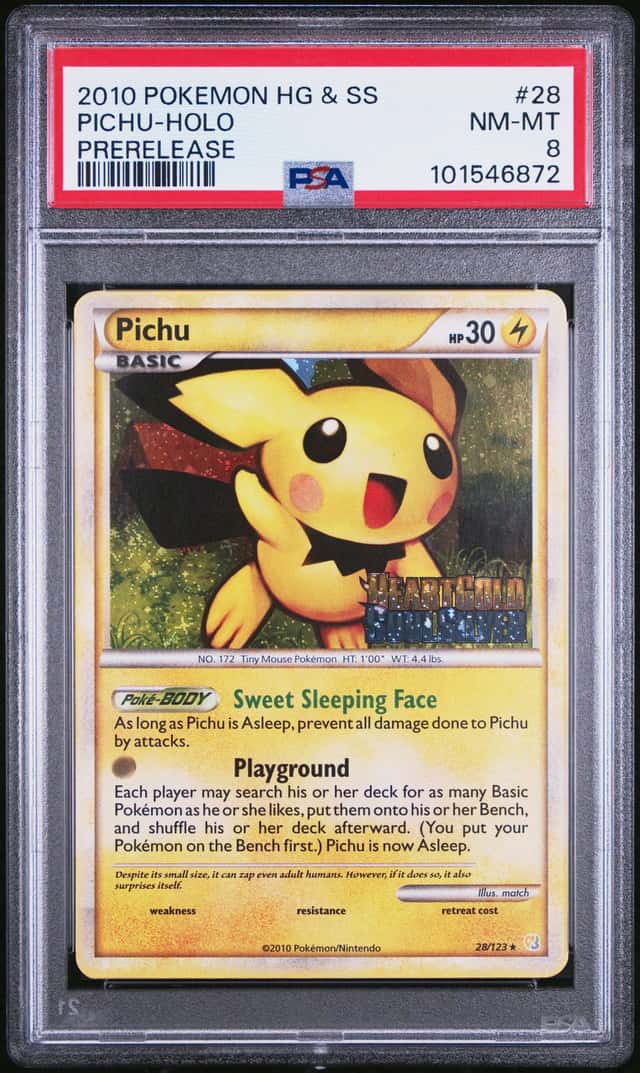 2010 POKEMON HEARTGOLD & SOULSILVER #28 PICHU-HOLO PRERELEASE STAMP - PSA 8
