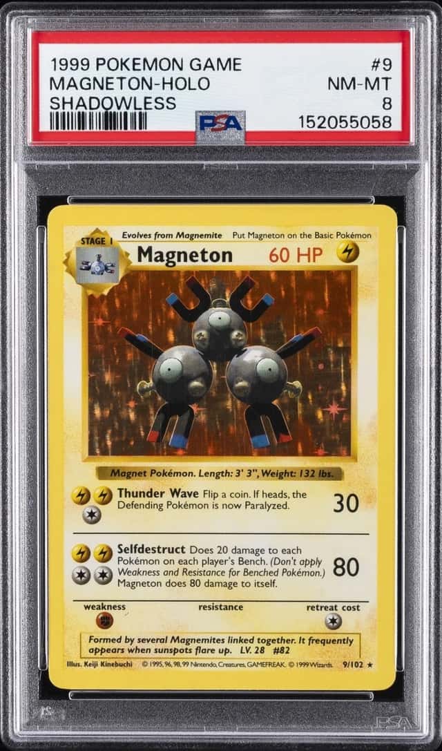 1999 POKEMON BASE SET SHADOWLESS #9 MAGNETON-HOLO PSA 8