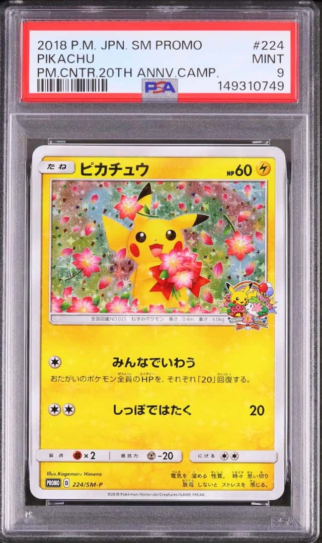 2018 Pokemon Japanese Pikachu Promo Pokemon Center 20th Anniversary Campaign #224/SM-P PSA 9