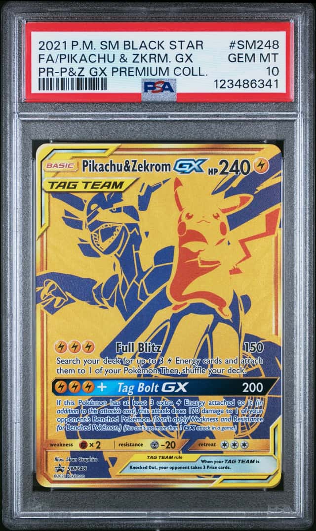 PIKACHU & ZEKROM GX 2021 POKEMON PREMIUM COLL SM248 FULL ART BSP PSA 10 Q3963-7
