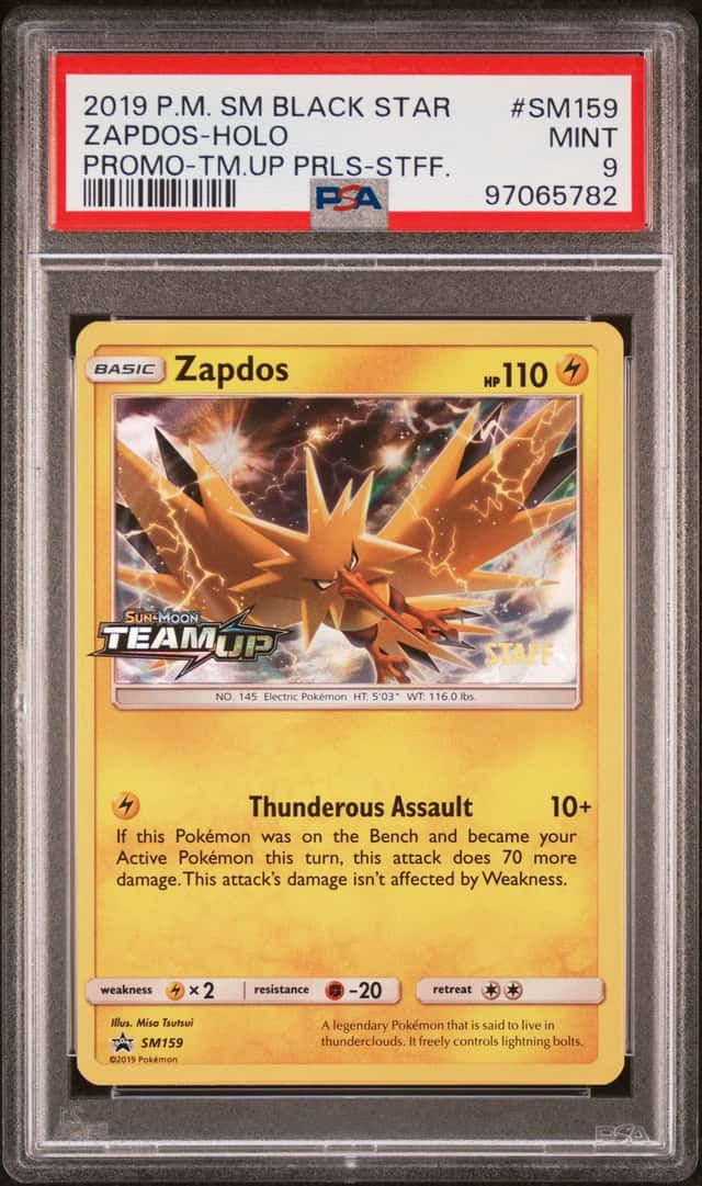 PSA 9 STAFF Zapdos SM159 Team Up Prerelease Stamped Promo Holo Pokemon Card