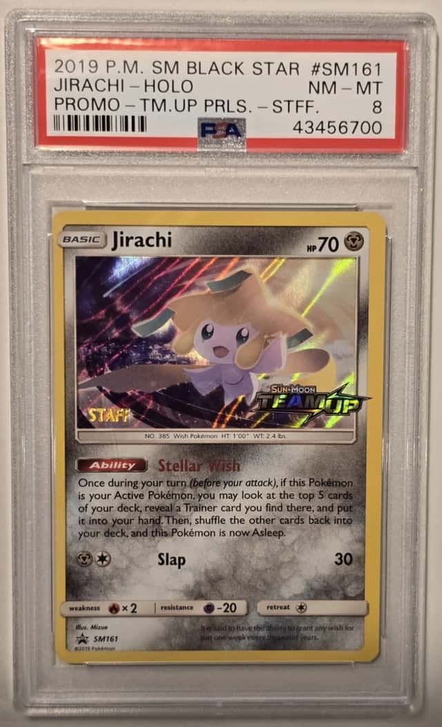 Pokemon Jirachi Team Up STAFF Prerelease Holo Promo SM161 PSA 8