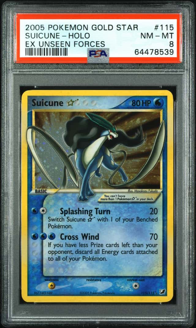 2005 POKEMON EX UNSEEN FORCES GOLD STAR #115 SUICUNE-HOLO PSA 8