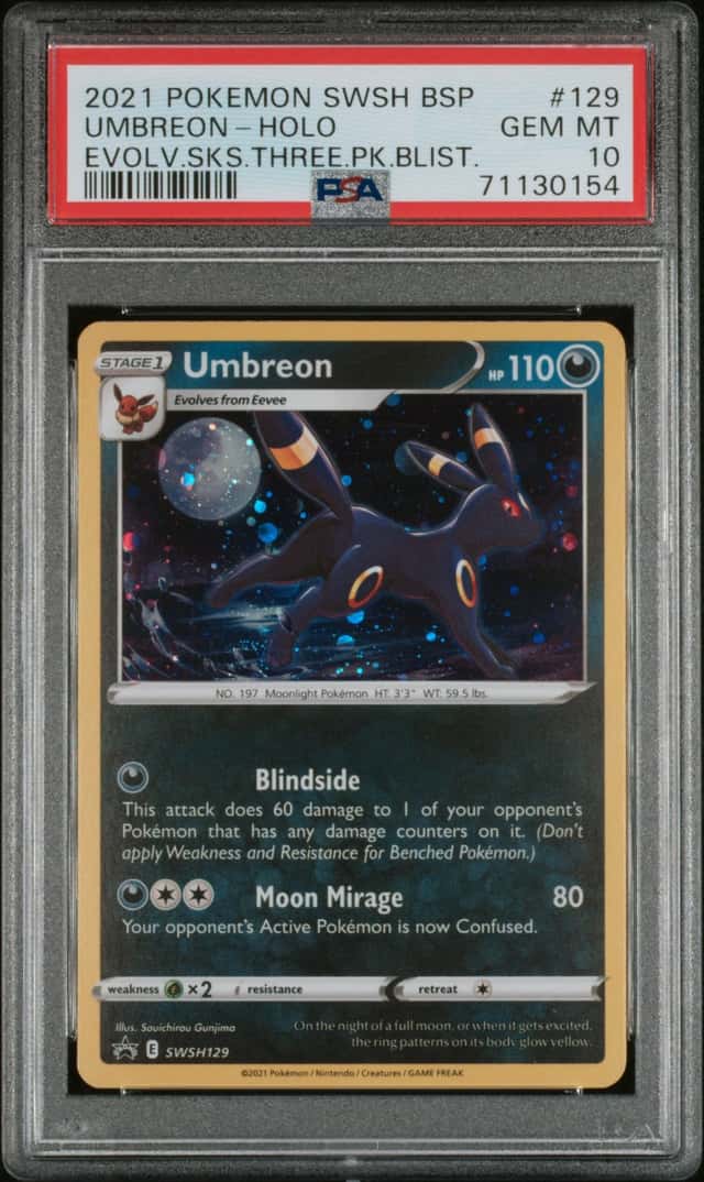 2021 Pokemon SWSH BSP #129 Umbreon Holo Evolving Skies 3-Pack Blister PSA 10