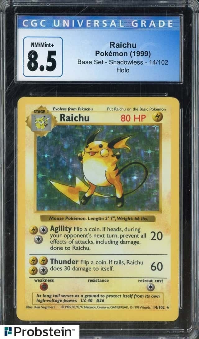 1999 Pokemon Base Shadowless #14 Raichu Holo CGC 8.5 NM-MT+